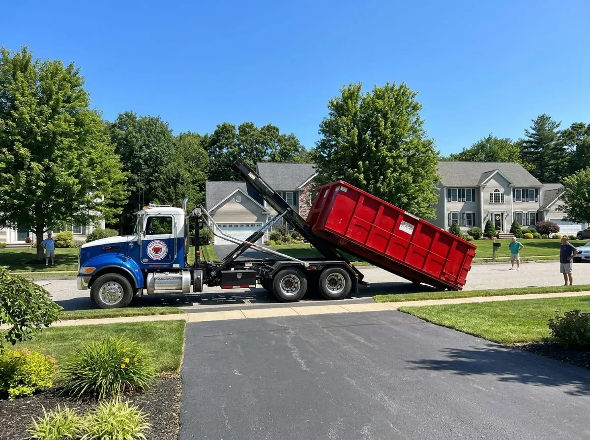 Same-day dumpster delivery in Haverhill, MA Haverhill Dumpster Rental Group truck delivering a roll-off dumpster to a Haverhill MA driveway