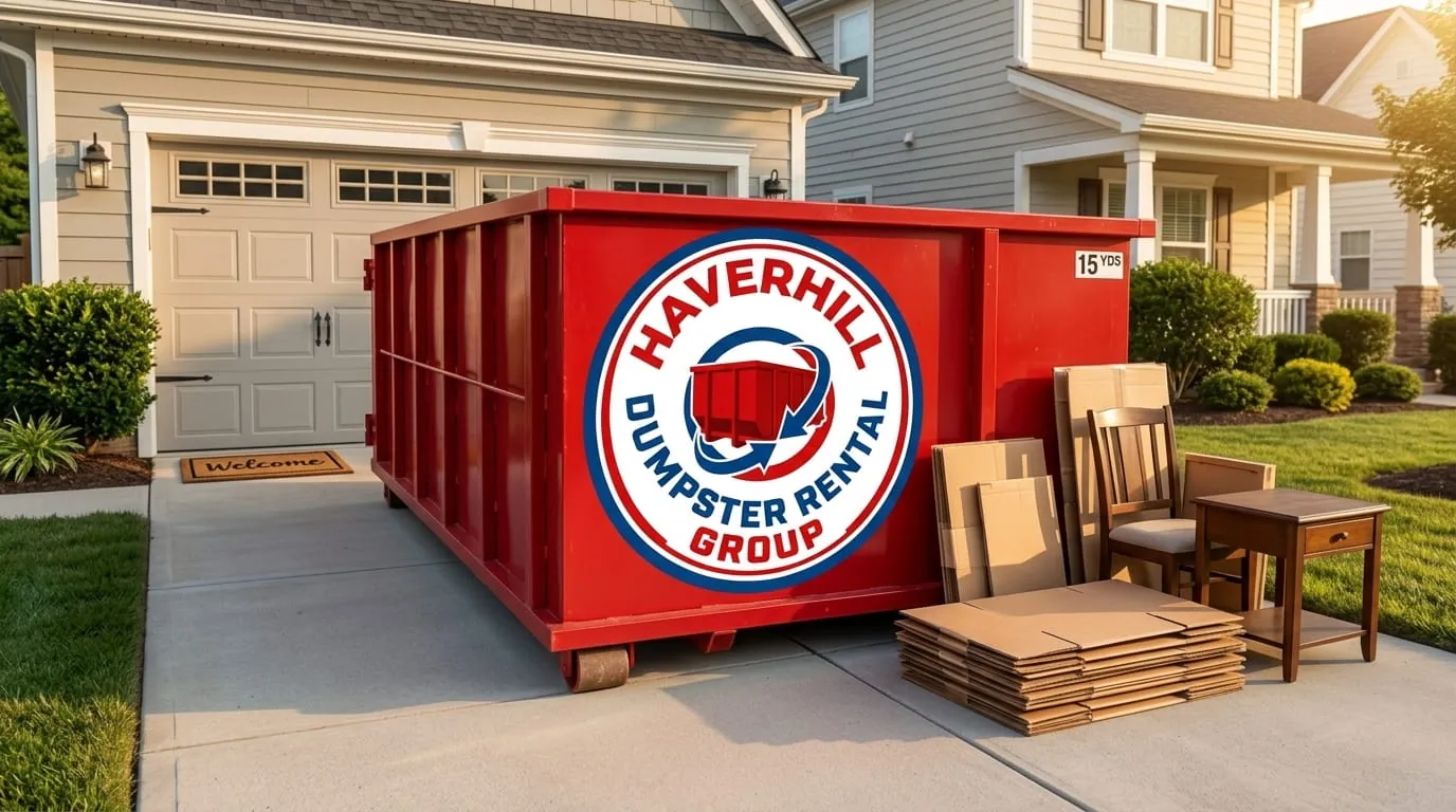 Dumpster rental in Rowley, MA Roll-off dumpster rental delivered to a Rowley, MA property by Haverhill Dumpster Rental Group