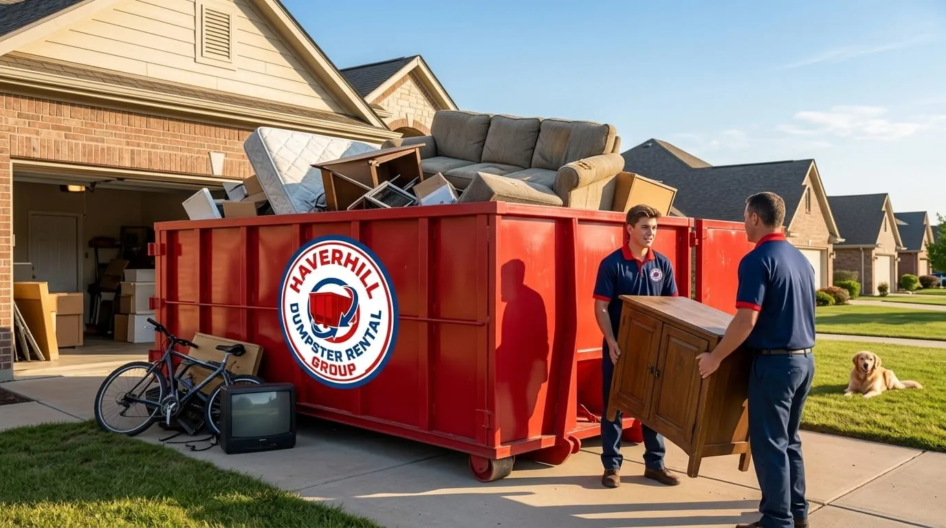 Junk removal in Haverhill, MA Workers loading furniture and junk into a dumpster in Haverhill, MA