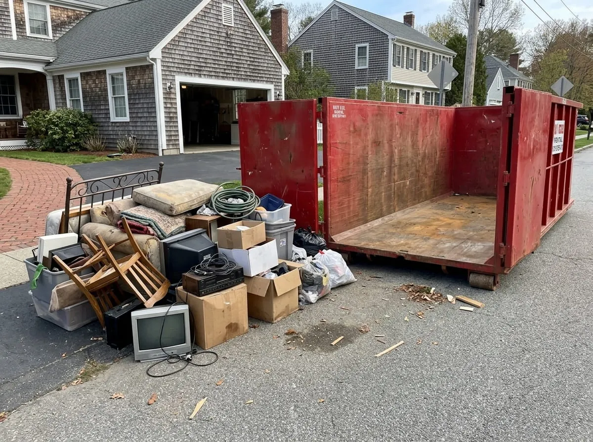 Roofing dumpster rental in Haverhill, MA Roll-off dumpster on a driveway ready for a roofing tear-off in Haverhill, MA